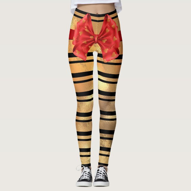 Leggings Elegante negro y dorado purpurina Stripes Moderno  (Anverso)