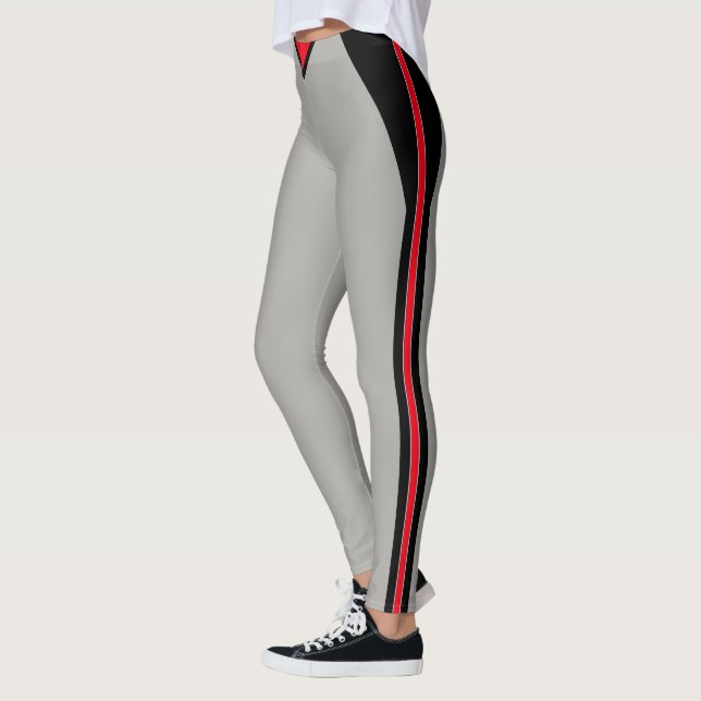 Leggings Elegante negro y rojo rayado en gris plateado clar (Izquierda)
