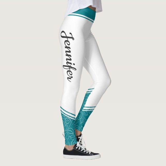 Leggings Elegante nombre blanco y azul verde azulado floral (Derecha)