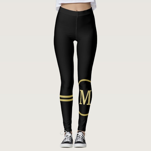 Leggings Elegante oro Monograma personalizado sobre negro (Anverso)