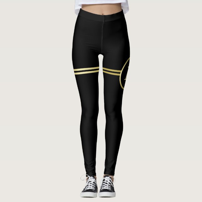 Leggings Elegante oro Monograma personalizado sobre negro (Anverso)