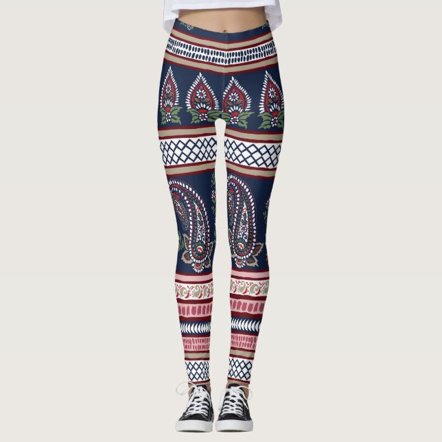 Leggings Elegante Paisley de la Marina: Diseño de Fronteras (Anverso)
