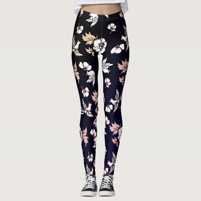 Leggings Elegante Paloma Y Flores En Un Fondo Oscuro (Anverso)