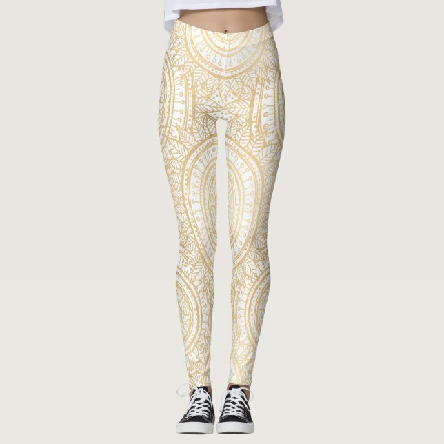 Leggings Elegante patrón blanco de girasol dorado Mandala (Anverso)