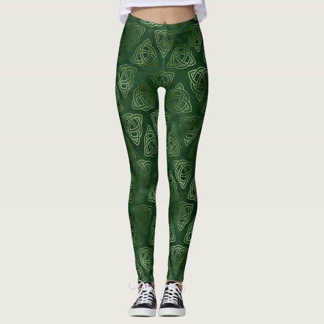 Leggings Elegante patrón celta irlandés verde y dorado (Anverso)