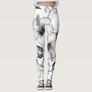 Leggings Elegante patrón de arte de línea floral en blanco