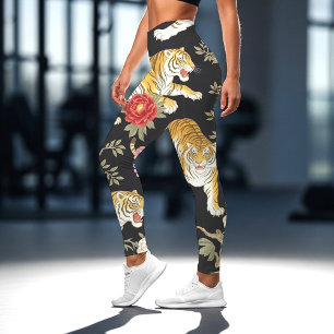 Leggings Elegante patrón de chinoiserie de tigre y peonía n