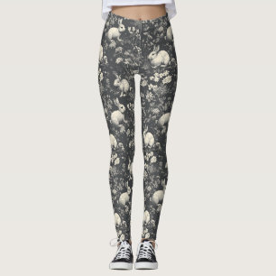 Leggings Elegante patrón de conejo de bosque de madera negr