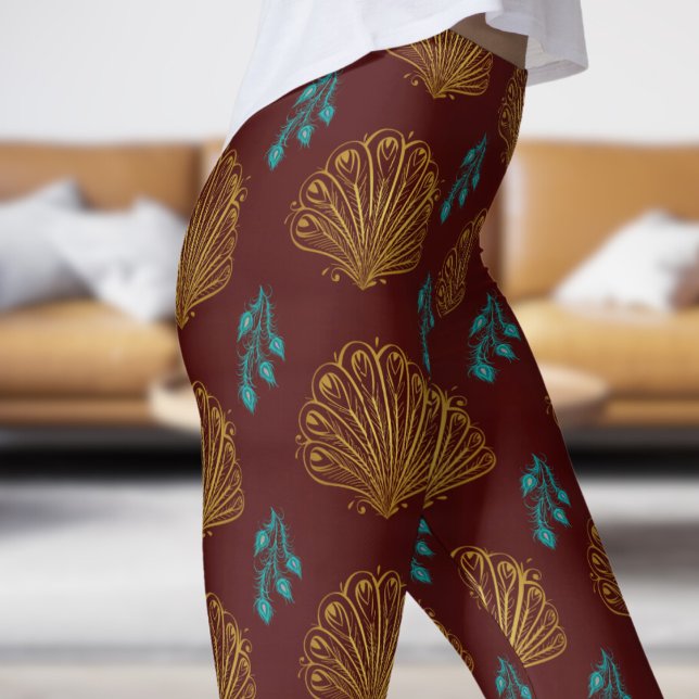 Leggings Elegante patrón de fanáticos del pavo real rojo Ro (Peacock Fan on Bulgarian Rose Leggings)