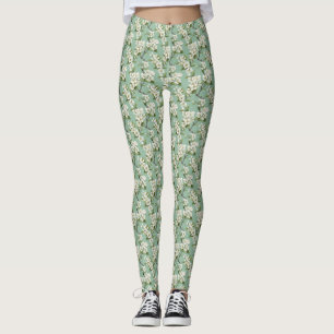 Leggings Elegante patrón de florecimiento blanco sobre verd