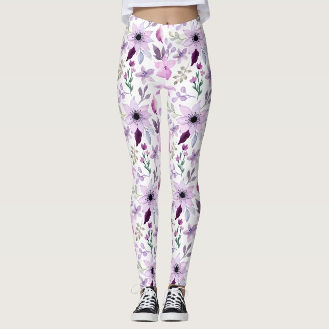 Leggings Elegante patrón de flores rosadas y moradas (Anverso)
