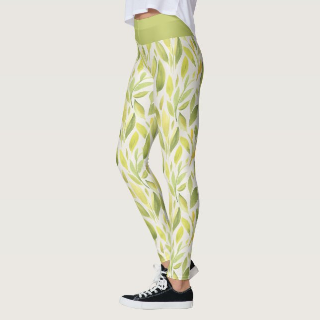 Leggings Elegante patrón de hojas amarillas verdes claras (Izquierda)