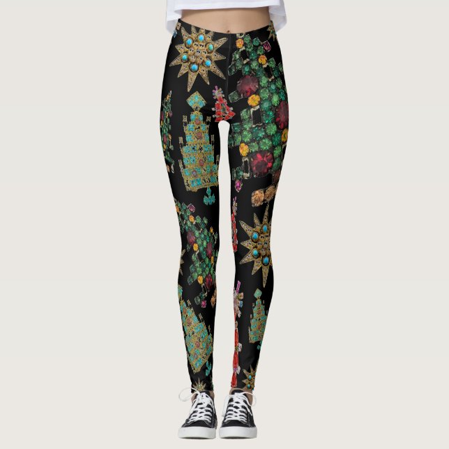 Leggings Elegante patrón de joyas de árbol de Navidad negro (Anverso)