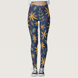 Leggings Elegante patrón floral amarillo en azul