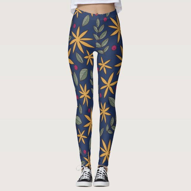Leggings Elegante patrón floral amarillo en azul (Anverso)