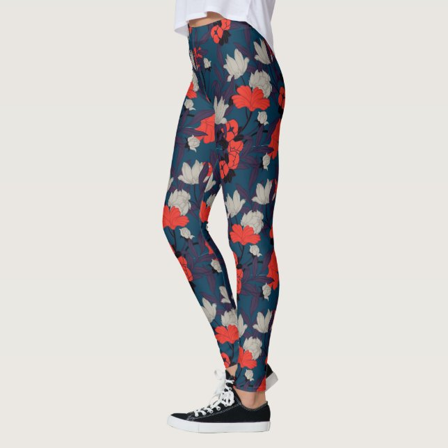 Leggings Elegante patrón floral azul y rojo (Izquierda)