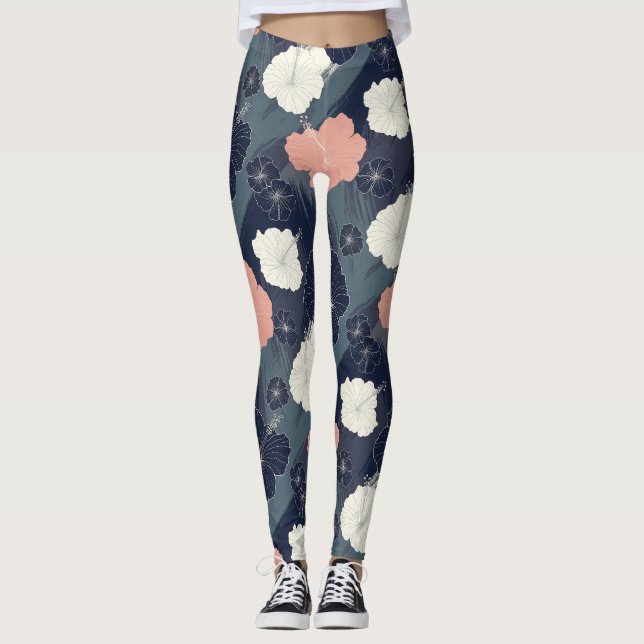 Leggings Elegante patrón floral de hibisco azul (10) (Anverso)