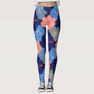 Leggings Elegante patrón floral de hibisco azul (11)