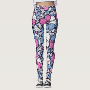 Leggings Elegante patrón floral de hibisco azul (12)