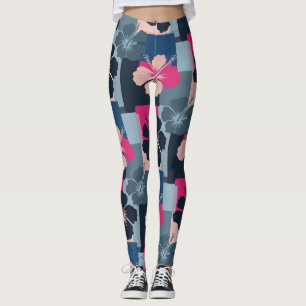 Leggings Elegante patrón floral de hibisco azul (13)