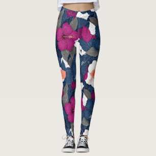 Leggings Elegante patrón floral de hibisco azul (2)