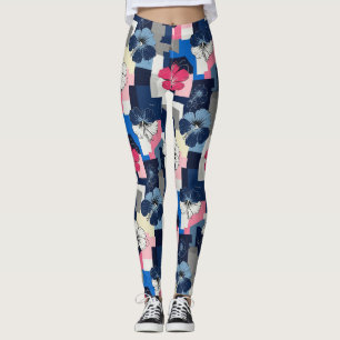 Leggings Elegante patrón floral de hibisco azul (4)