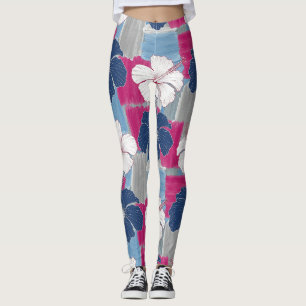 Leggings Elegante patrón floral de hibisco azul (5)