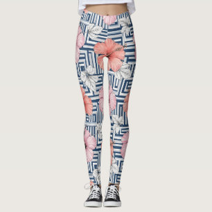 Leggings Elegante patrón floral de hibisco azul (6)