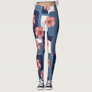 Leggings Elegante patrón floral de hibisco azul (8)