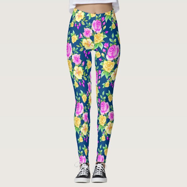Leggings Elegante patrón floral rosa rosa rosa Rubor (Anverso)