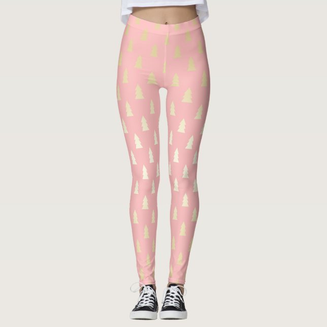 Leggings Elegante patrón oro y árbol de Navidad rosa (Anverso)