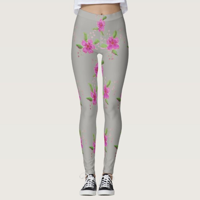 Leggings Elegante Piernas Gris Plata Con Patrón Floral (Anverso)