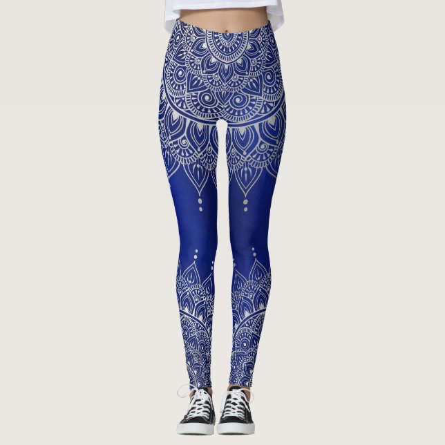 Leggings Elegante plata en floral azul profundo Henna Manda (Anverso)