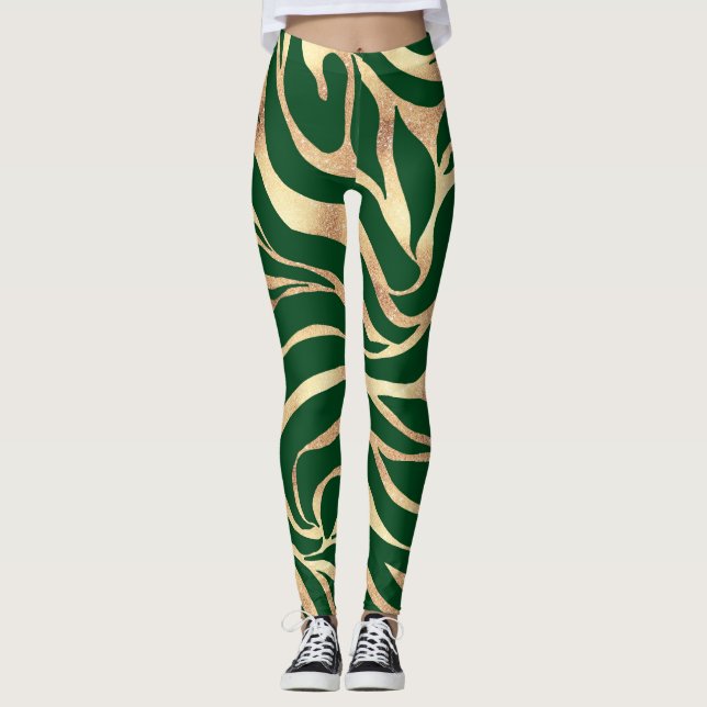Leggings Elegante Purpurina dorado Zebra Green Animal Print (Anverso)