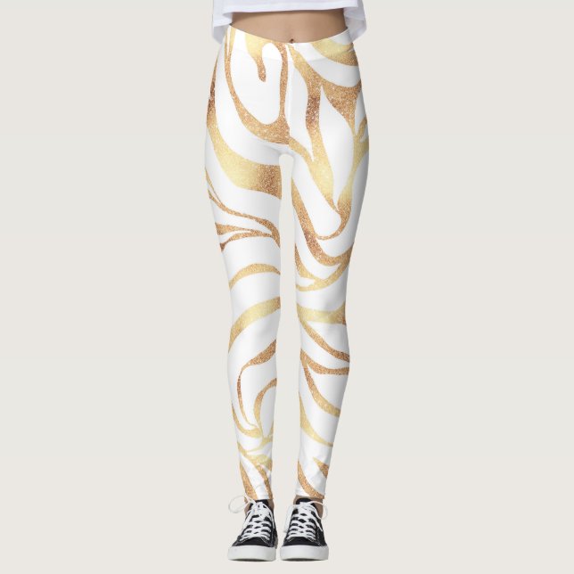 Leggings Elegante Purpurina dorado Zebra White Animal Print (Anverso)
