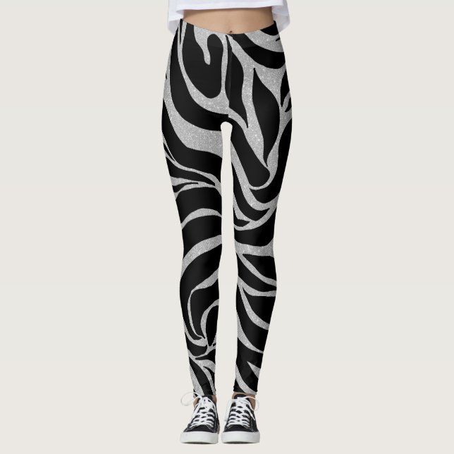 Leggings Elegante Purpurina negro plata impresión de animal (Anverso)