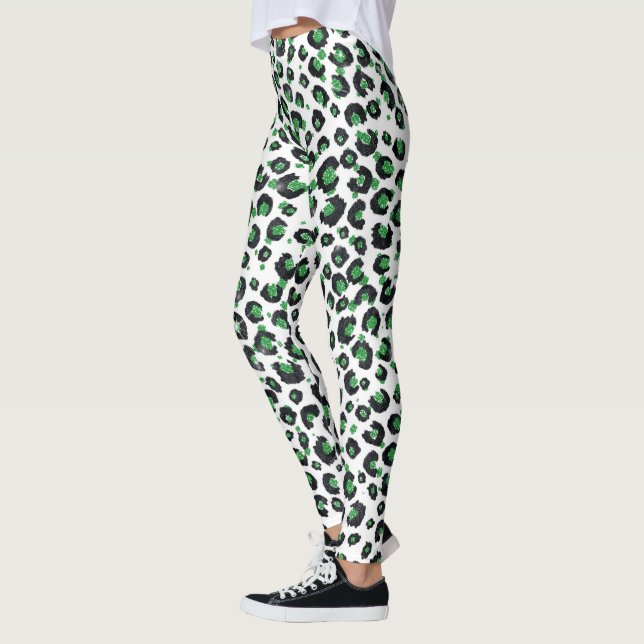 Leggings Elegante Purpurina Verde Leopardo negro impresión  (Izquierda)