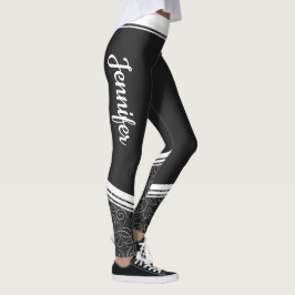 Leggings Elegante rayas blancas floridas negras y nombre mo