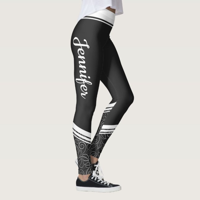 Leggings Elegante rayas blancas floridas negras y nombre mo (Derecha)