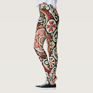 Leggings Elegante Red & Gold Embroidered Mujeres