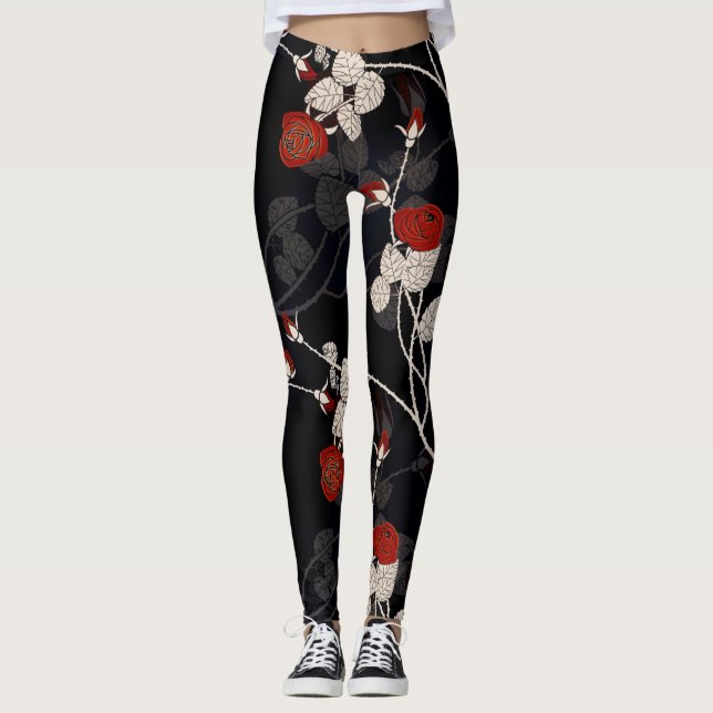 Leggings Elegante Rojo Flor Negro (Anverso)