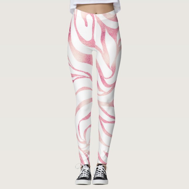 Leggings Elegante Rosa Purpurina de oro Zebra White Animal  (Anverso)