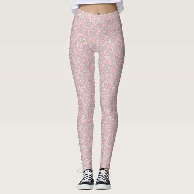 Leggings Elegante rosa rosa y hoja por todas partes en las  (Anverso)