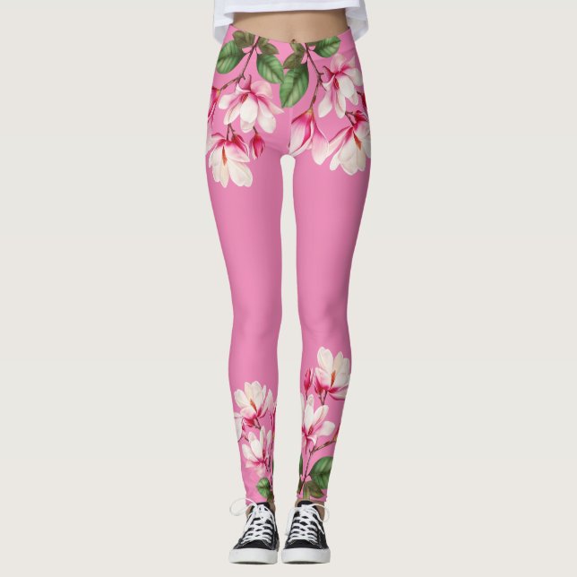 Leggings Elegante, Simple Flor Rosa, Arte Floral (Anverso)