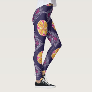 Leggings Elegante Tela Púrpura con Patrón Floral Amarillo