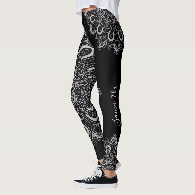 Leggings Elegante y personalizado Mandala de plata Imprimir (Izquierda)