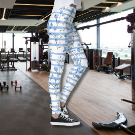 Leggings Elegantes flores azules diseño de rayas