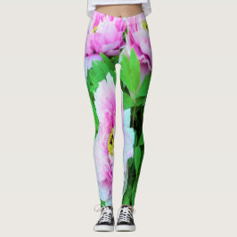 Leggings Elegantes flores de peón rosado con centro amarill