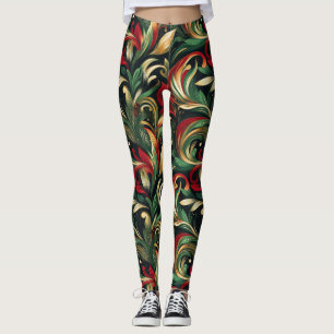 Leggings Elegantes hojas de paisley rojas, verdes y doradas