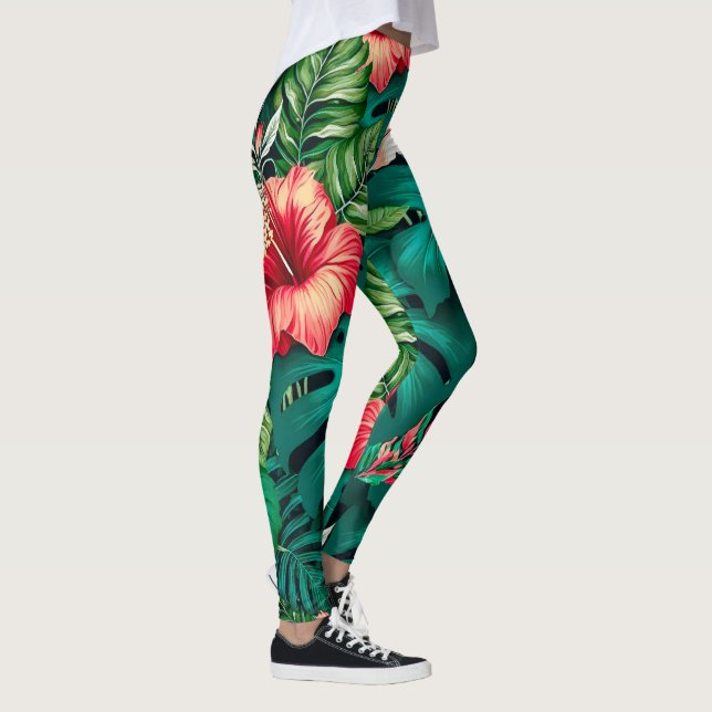 Leggings Elegantes hojas tropicales y flores hibiscus | (Derecha)